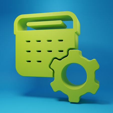 Green Calendar settings icon isolated on blue background. Date settings. Minimalism concept. 3D render illustration.の写真素材