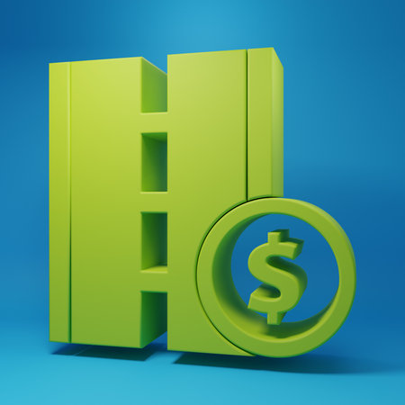 Green road traffic sign. Signpost icon isolated on blue background. Pointer symbol. Street information sign. Direction sign. Minimalism concept. 3D render illustration.の写真素材