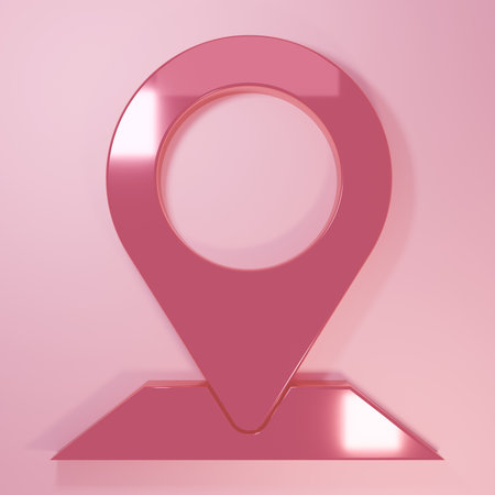 Pink Map pin icon isolated on pink background. Navigation, pointer, location, map, gps, direction, place concept. Minimalism concept. 3D render illustration.の写真素材