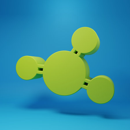 Green Molecule icon isolated on blue background. Structure of molecules in chemistry, science teachers innovative educational poster. Minimalism concept. 3D render illustration.の写真素材