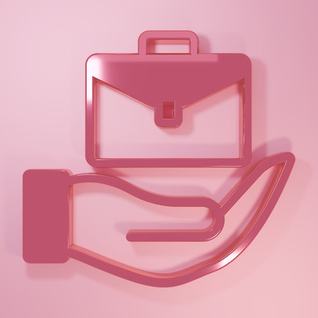 Pink Hand holding briefcase icon isolated on pink background. Insurance concept. Security, safety, protection, protect concept. Minimalism concept. 3D render illustration.の写真素材