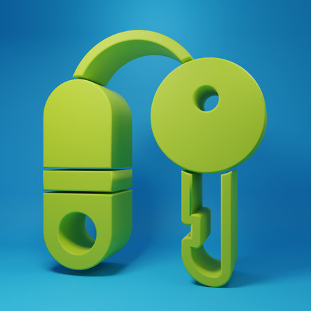 Green key icon isolated on blue background. Minimalism concept. 3D render illustration.の写真素材