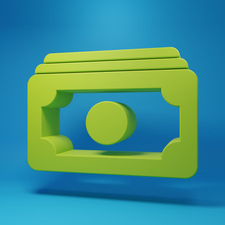 Green Stacks paper money cash icon isolated on blue background. Money banknotes stacks. Bill currency. Minimalism concept. 3D render illustration.の写真素材