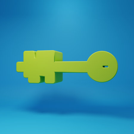 Green Old key icon isolated on blue background. Minimalism concept. 3D render illustration.の写真素材