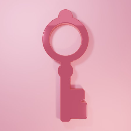 Pink Old key icon isolated on pink background. Minimalism concept. 3D render illustration.の写真素材