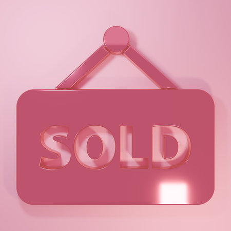Pink Hanging sign with text Sold icon isolated on pink background. Sold sticker. Sold signboard. Minimalism concept. 3D render illustration.の写真素材