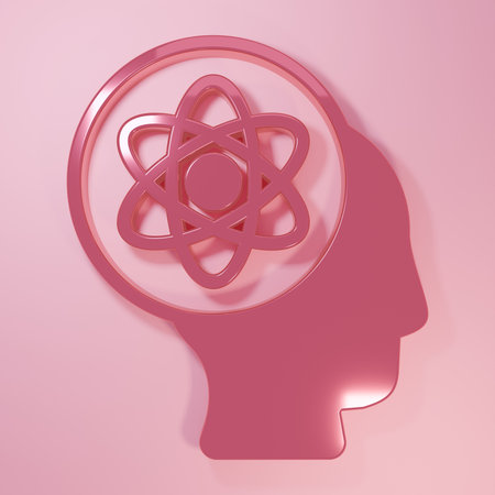 Pink Molecule icon isolated on pink background. Structure of molecules in chemistry, science...