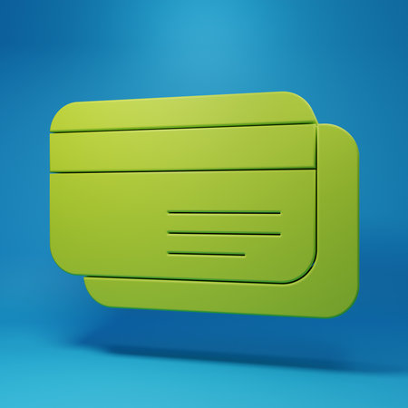 Green Credit card icon isolated on blue background. Online payment. Cash withdrawal. Financial operations. Shopping sign. Minimalism concept. 3D render illustration.の写真素材
