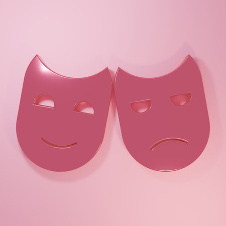 Pink Comedy and tragic theatrical masks icon isolated on pink background. Minimalism concept. 3D render illustration.の写真素材