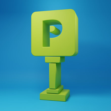 Green Parking icon isolated on blue background. Street road sign. Minimalism concept. 3D render illustration.の写真素材
