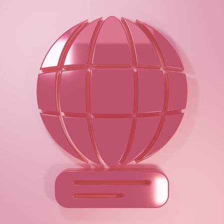 Pink Worldwide icon isolated on pink background. Pin on globe. Minimalism concept. 3D render illustration.の写真素材