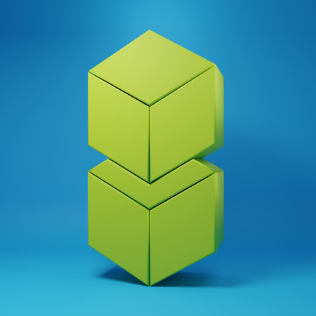 Green Blockchain technology icon isolated on blue background. Cryptocurrency data. Abstract geometric block chain network technology business. Minimalism concept. 3D render illustration.の写真素材