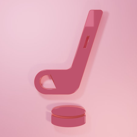 Pink Ice hockey stick and puck icon isolated on pink background. Minimalism concept. 3D render illustration.の写真素材