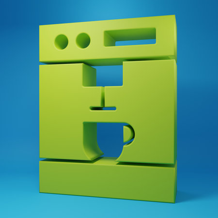 Green Coffee machine icon isolated on blue background. Minimalism concept. 3D render illustration.の写真素材