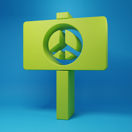 Green Peace icon isolated on blue background. Hippie symbol of peace. Minimalism concept. 3D render illustration.の写真素材