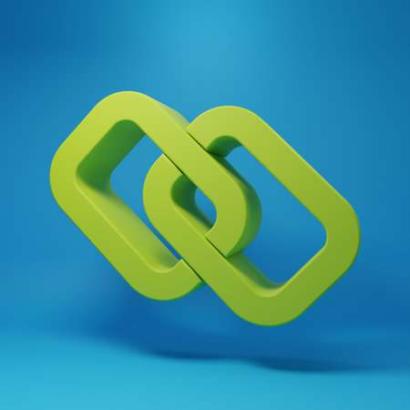 Green Chain link icon isolated on blue background. Link single. Hyperlink chain symbol. Minimalism concept. 3D render illustration.の写真素材