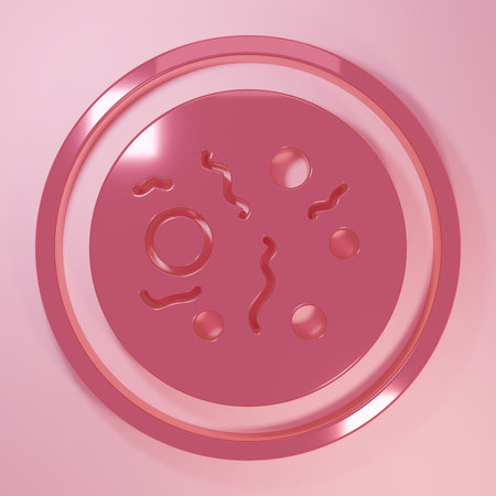 Pink Petri dish with bacteria icon isolated on pink background. Minimalism concept. 3D render illustration.の写真素材