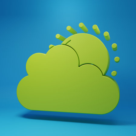 Green Sun and cloud weather icon isolated on blue background. Minimalism concept. 3D render illustration.の写真素材