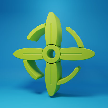 Green Wind turbine icon isolated on blue background. Wind generator sign. Windmill for electric power production. Minimalism concept. 3D render illustration.の写真素材