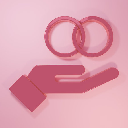 Pink Wedding rings icon isolated on pink background. Bride and groom jewelry sign. Marriage symbol. Diamond ring. Minimalism concept. 3D render illustration.の写真素材