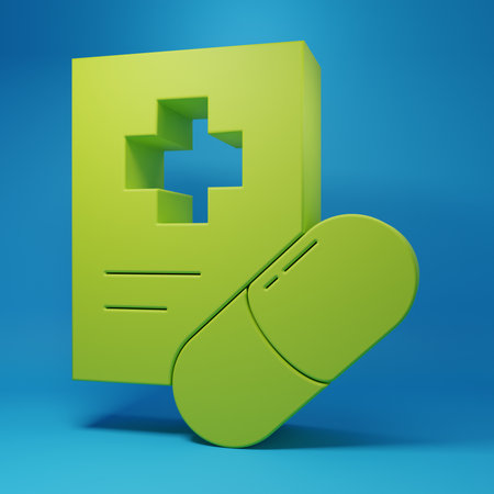 Green Medical prescription icon isolated on blue background. Rx form. Recipe medical. Pharmacy or medicine symbol. Minimalism concept. 3D render illustration.の写真素材