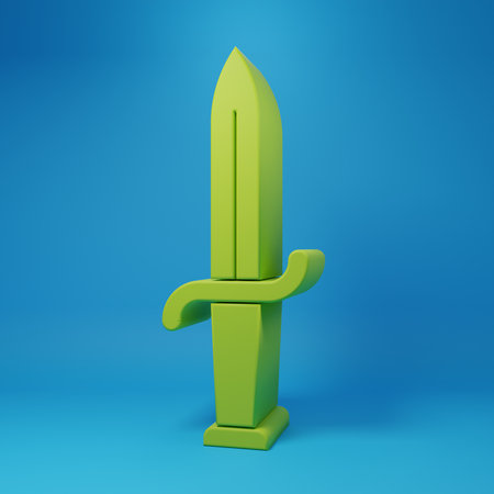 Green Dagger icon isolated on blue background. Knife icon. Sword with sharp blade. Minimalism concept. 3D render illustration.の写真素材