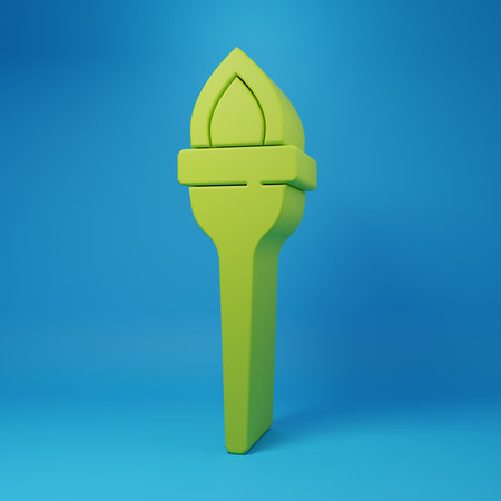 Green Torch flame icon isolated on blue background. Symbol fire hot, flame power, flaming and heat. Minimalism concept. 3D render illustration.の写真素材