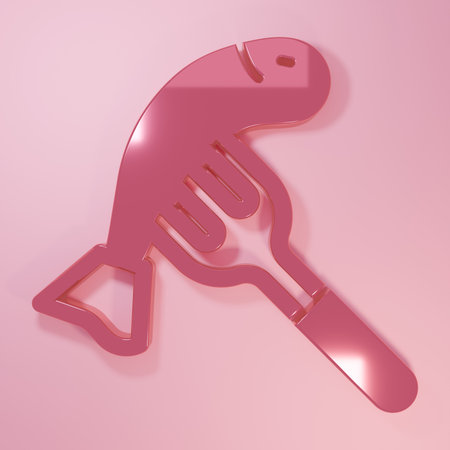 Pink fish on a plate icon isolated on pink background. Minimalism concept. 3D render illustration.の写真素材