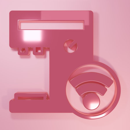Pink Smart coffee machine system icon isolated on pink background. Internet of things concept with wireless connection. Minimalism concept. 3D render illustration.の写真素材