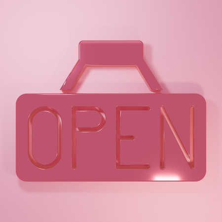 Pink Hanging sign with text Open door icon isolated on pink background. Minimalism concept. 3D render illustration.の写真素材