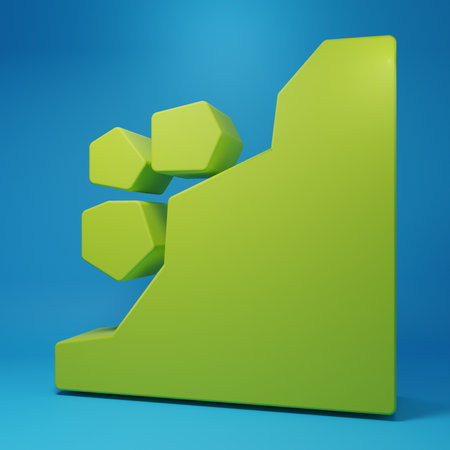 Green Landslide icon isolated on blue background. Stones fall from the rock. Boulders rolling down a hill. Rockfall. Minimalism concept. 3D render illustration.の写真素材