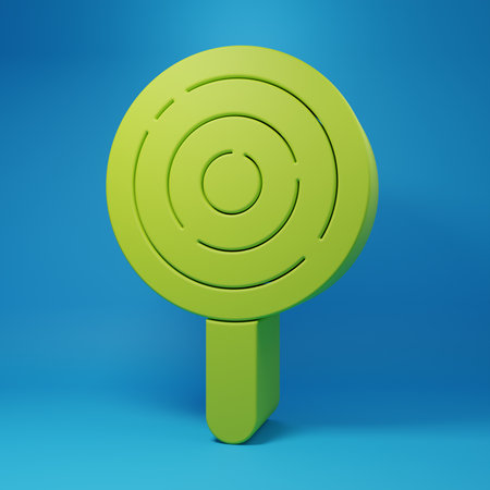 Green Lollipop icon isolated on blue background. Candy sign Food, delicious symbol. Minimalism concept. 3D render illustration.の写真素材