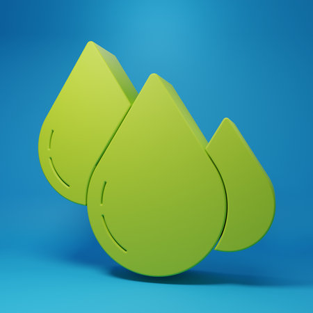 Green Water drop icon isolated on blue background. 3D render illustration.の写真素材