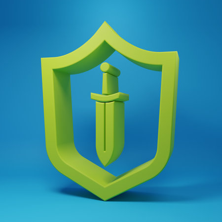 Green Medieval shield with sword icon isolated on blue background. Minimalism concept. 3D render illustration.の写真素材