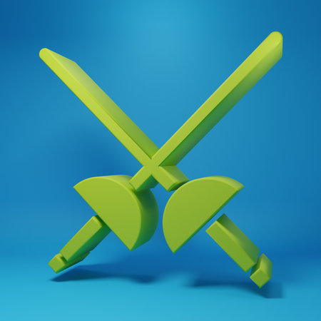 Green Fencing icon isolated on blue background. Sport equipment. Minimalism concept. 3D render illustration.の写真素材