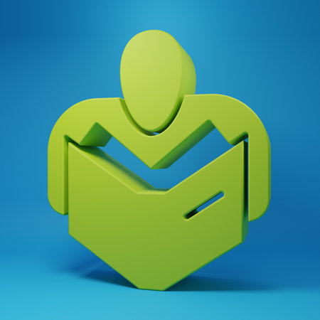 Green Man reading book icon isolated on blue background. Minimalism concept. 3D render illustration.の写真素材