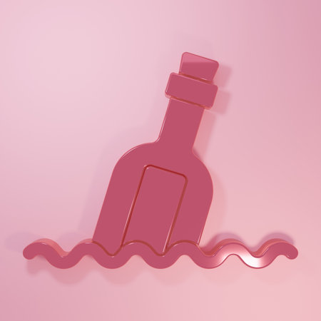 Pink Glass bottle with a message in water icon isolated on pink background. Letter in the bottle. Pirates symbol. Minimalism concept. 3D render illustration.の写真素材