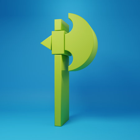 Green Medieval ax icon isolated on blue background. Battle axe, executioner axe. Medieval weapon. Minimalism concept. 3D render illustration.の写真素材
