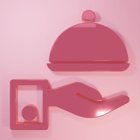 Pink Covered with a tray of food icon isolated on pink background. Tray and lid sign. Restaurant cloche with lid. Minimalism concept. 3D render illustration.の写真素材