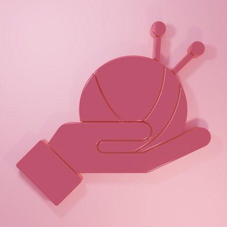 Pink Yarn ball with knitting needles icon isolated on pink background. Label for hand made, knitting or tailor shop. Minimalism concept. 3D render illustration.の写真素材
