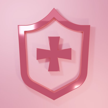 Pink Shield icon isolated on pink background. Guard sign. Security, safety, protection, privacy concept. Minimalism concept. 3D render illustration.の写真素材