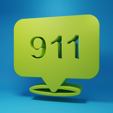 Green Telephone with emergency call 911 icon isolated on blue background. Police, ambulance, fire...