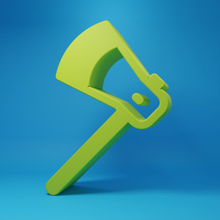 Green Wooden ax icon isolated on blue background. Lumberjack axe. Minimalism concept. 3D render illustration.の写真素材