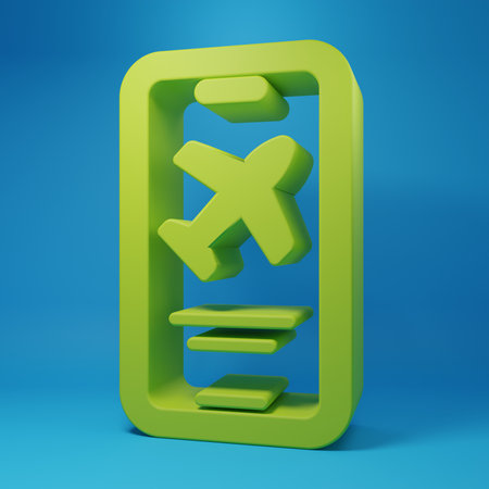 Green Smartphone with electronic boarding pass airline ticket icon isolated on blue background. Passenger plane mobile ticket for web and app. Minimalism concept. 3D render illustration.の写真素材