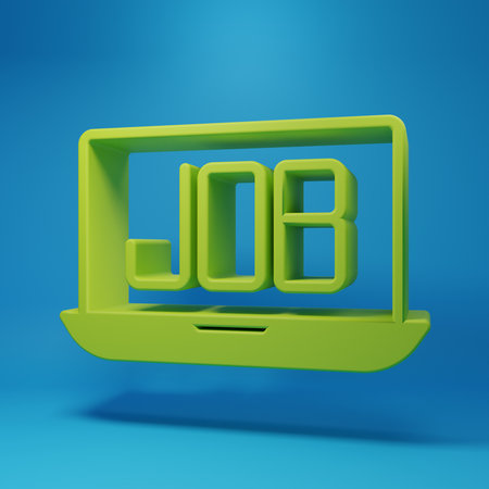 Green Search job icon isolated on blue background. Recruitment or selection concept. Human resource and recruitment for business. Minimalism concept. 3D render illustration.の写真素材