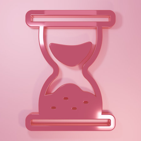 Pink Old hourglass with flowing sand icon isolated on pink background. Sand clock sign. Business and time management concept. Minimalism concept. 3D render illustration.の写真素材