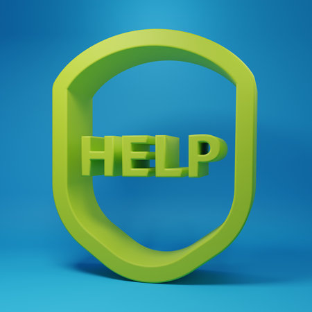 Green Shield with text Help icon isolated on blue background. Guard sign. Security, safety, protection, privacy concept. Minimalism concept. 3D render illustration.の写真素材