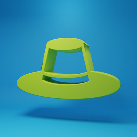 Green Man hat with ribbon icon isolated on blue background. Minimalism concept. 3D render illustration.の写真素材
