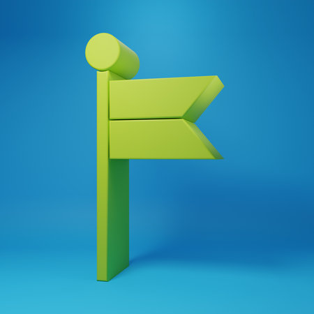Green Flag icon isolated on blue background. Location marker symbol. Minimalism concept. 3D render illustration.の写真素材