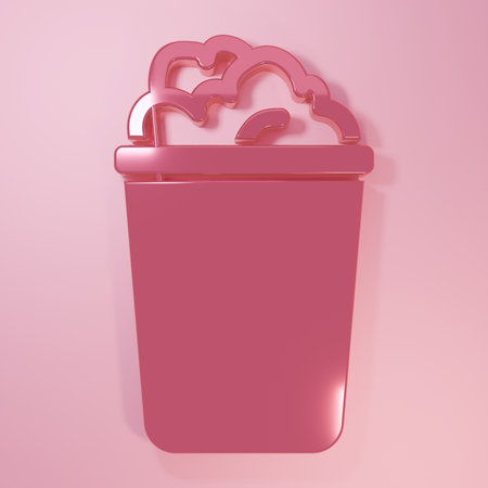 Pink Bucket with soap suds icon isolated on pink background. Bowl with water. Washing clothes, cleaning equipment. Minimalism concept. 3D render illustration.の写真素材